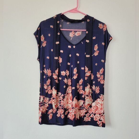 Floral Blouse Blue Pink Neck Tie Office Siren Y2K Fairy Coquette Whimsical M - Picture 5 of 8